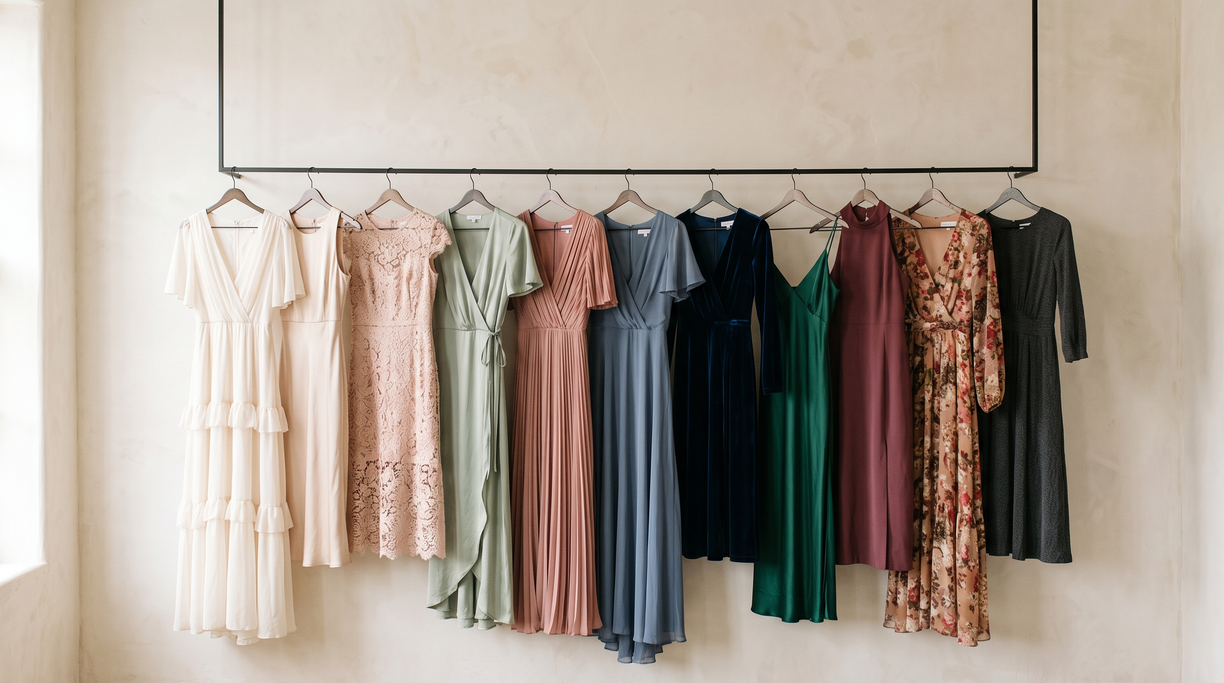 Rail of elegant occasion dresses in ivory, blush, navy lace, floral print and emerald