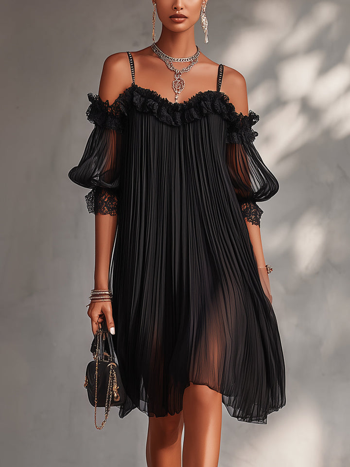 Vittoria | Off-Shoulder Mini Black Chiffon Dress with Lace Trim