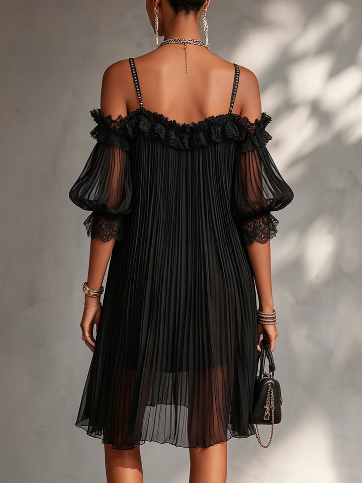 Vittoria | Off-Shoulder Mini Black Chiffon Dress with Lace Trim