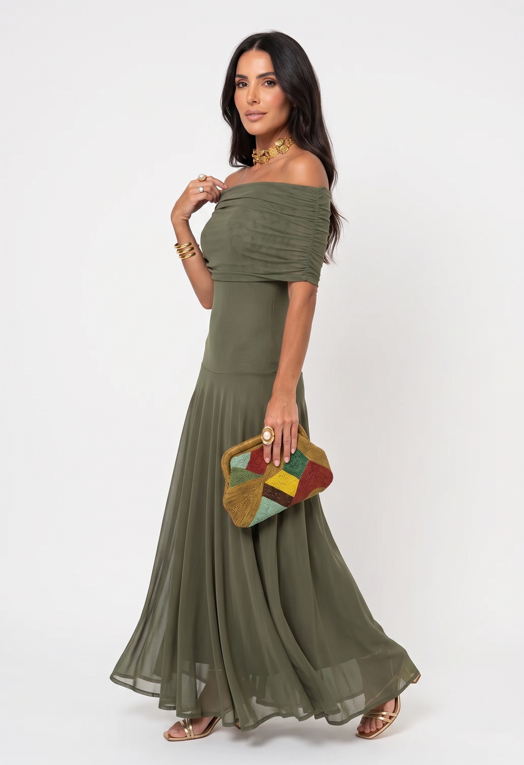 Off-Shoulder Draped Maxi Dress - Olive Green detail