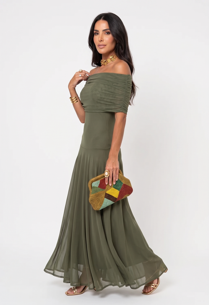 Off-Shoulder Draped Maxi Dress - Olive Green detail