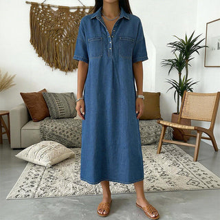 Casual Pocket Denim Midi Shirt Dress Dark Blue