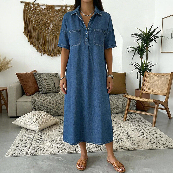 Casual Pocket Denim Midi Shirt Dress Dark Blue
