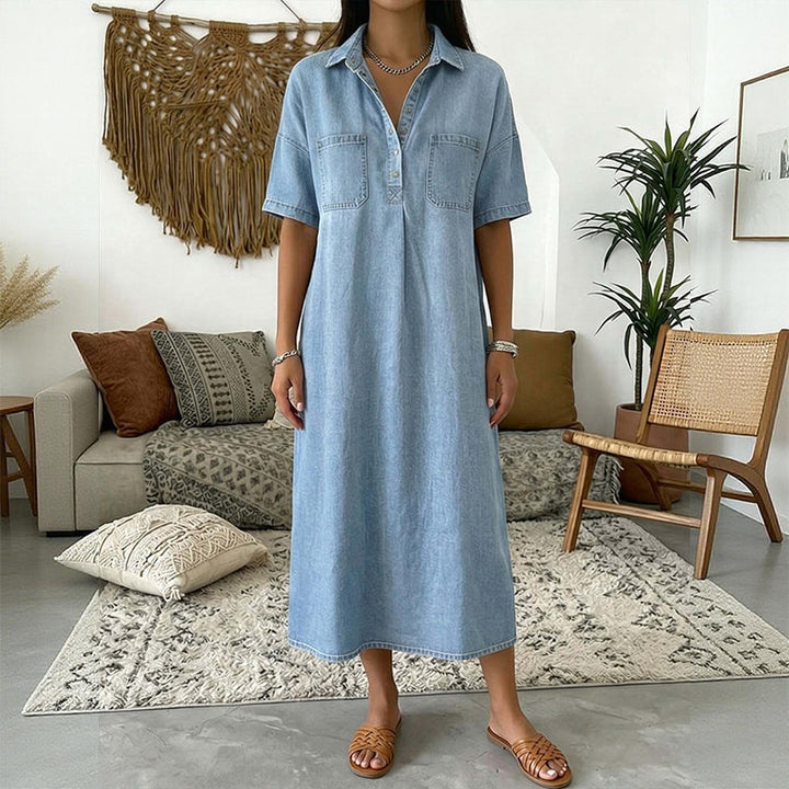 Casual Pocket Denim Midi Shirt Dress Light Blue Model