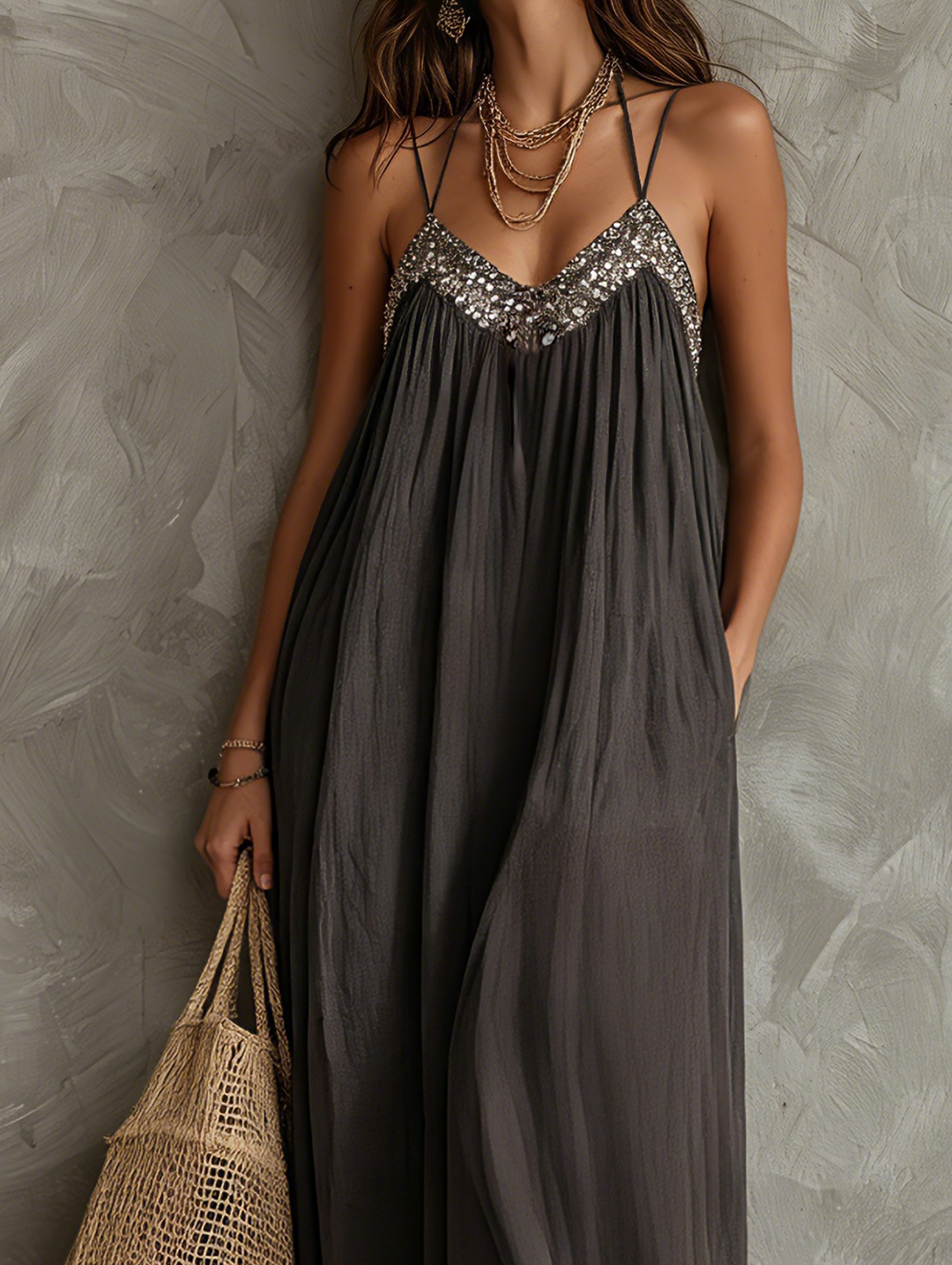 Women's Casual Dark Grey Woven V-neck Maxi Dress Featuring Sequined Camisole-style Splicing MDZ2635F6LXY