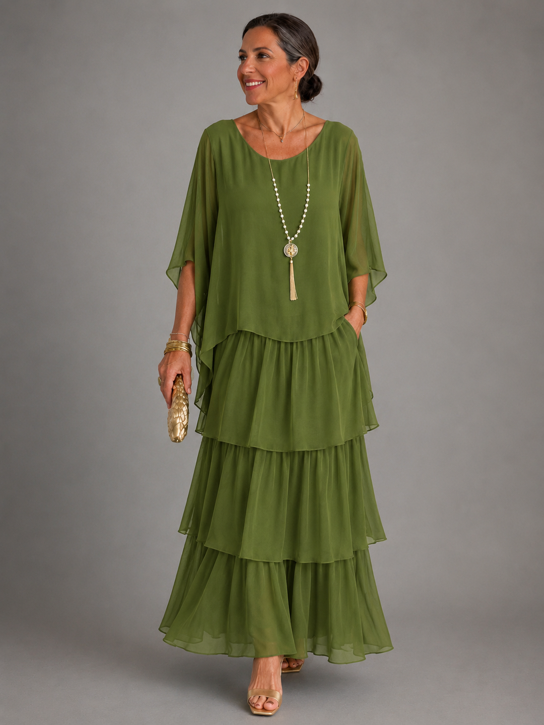 Elegant Flowing Layered Maxi Dress - Dark Green