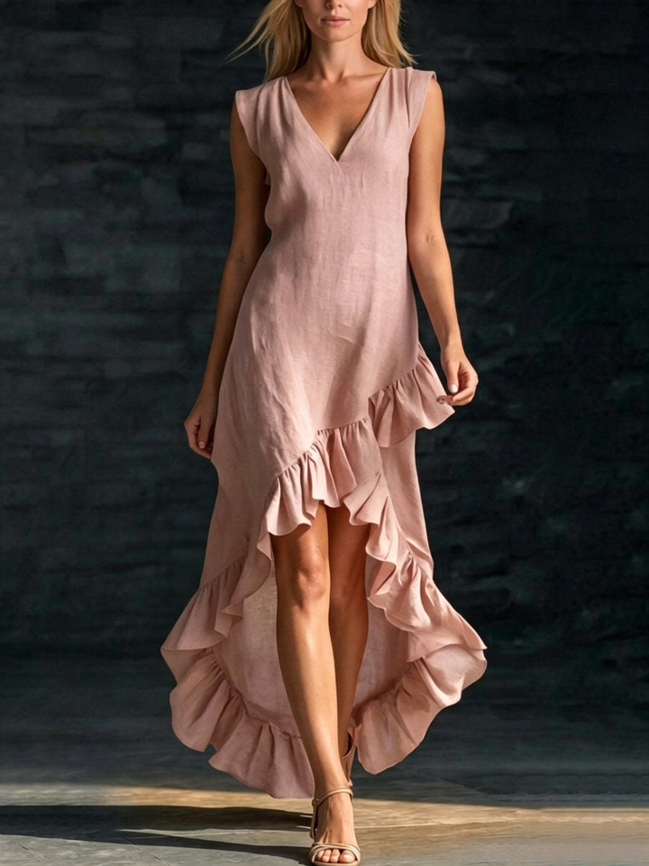 Maeriel | V-Neck Sleeveless High-Low Ruffle Hem Maxi Dress