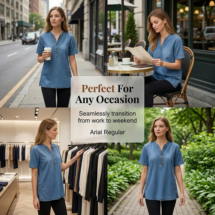 REAGAN | Denim Henley Tunic Top For Casual Everyday Blouse