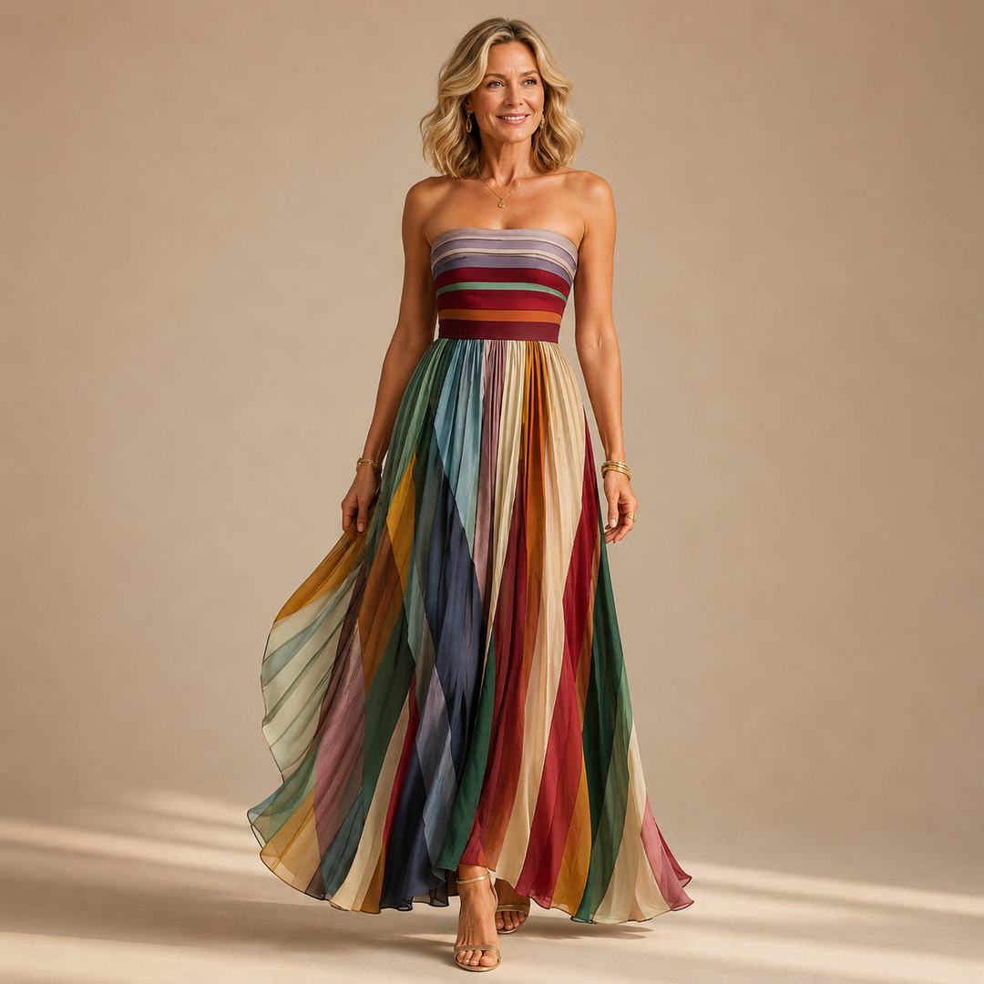 Judith strapless colorful pleated maxi dress