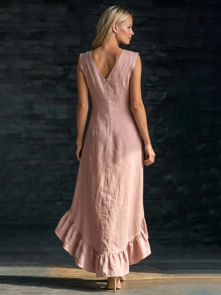 Maeriel | V-Neck Sleeveless High-Low Ruffle Hem Maxi Dress
