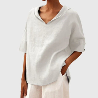 Joanna | casual blouse | warm floral print | front view relaxed pose