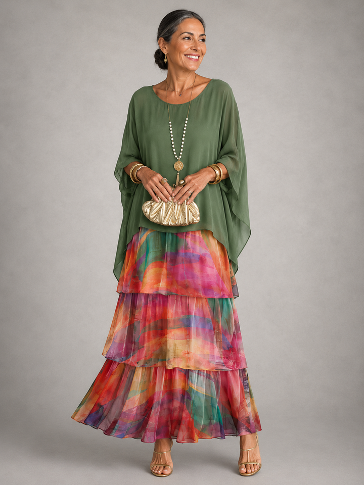 Elegant Flowing Layered Maxi Dress - Multicolor