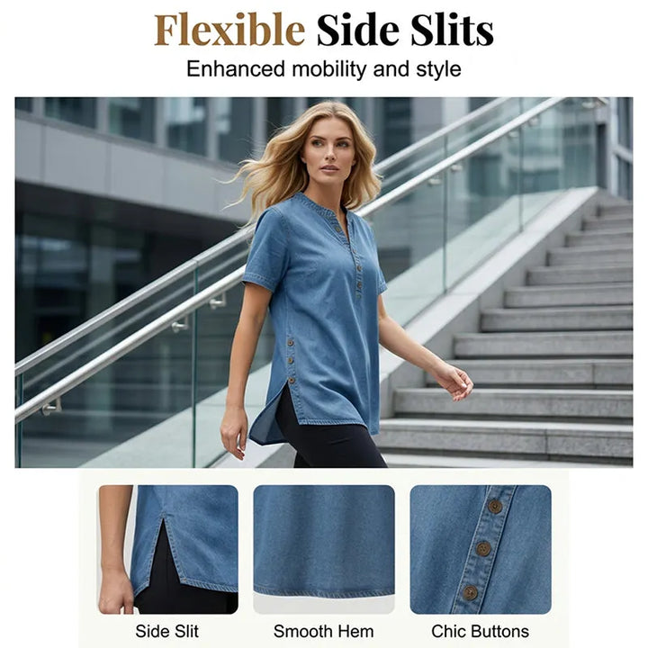 REAGAN | Denim Henley Tunic Top For Casual Everyday Blouse