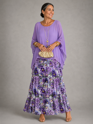 Elegant Flowing Layered Maxi Dress - Purple with Flowers