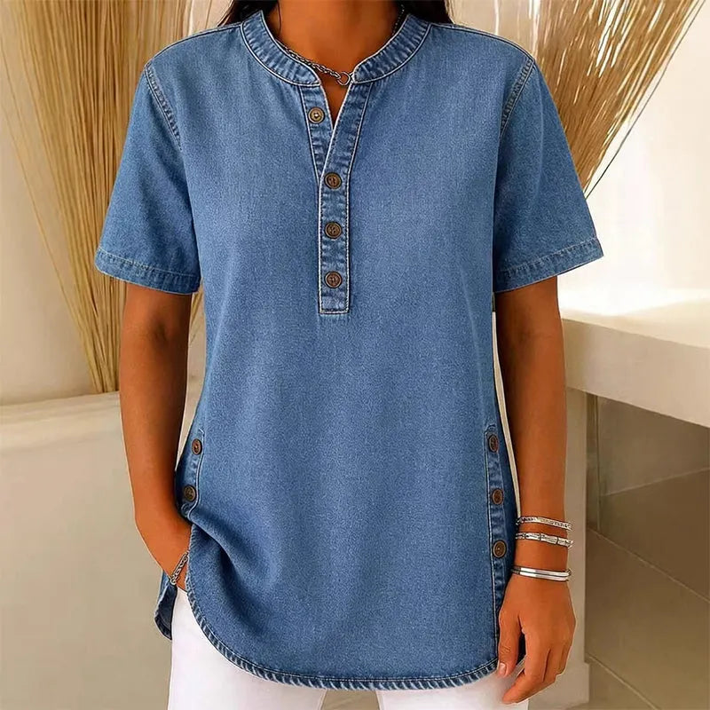 REAGAN | Denim Henley Tunic Top For Casual Everyday Blouse