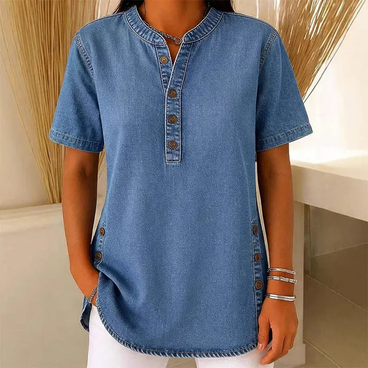REAGAN | Denim Henley Tunic Top For Casual Everyday Blouse