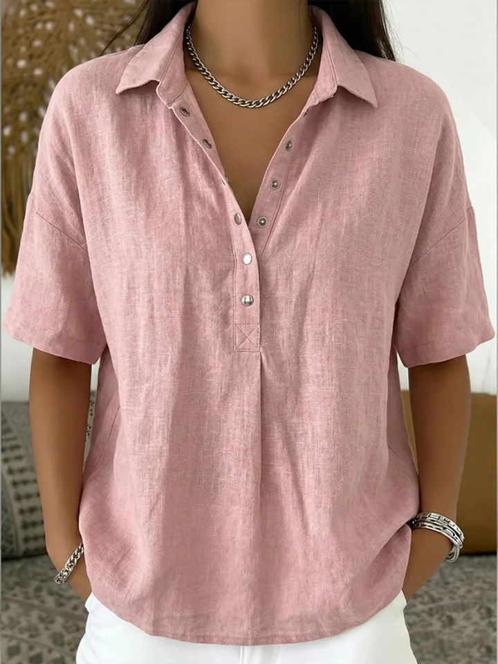Nora | Short Sleeve Collared Blouse with Button Placket and Relaxed Fit