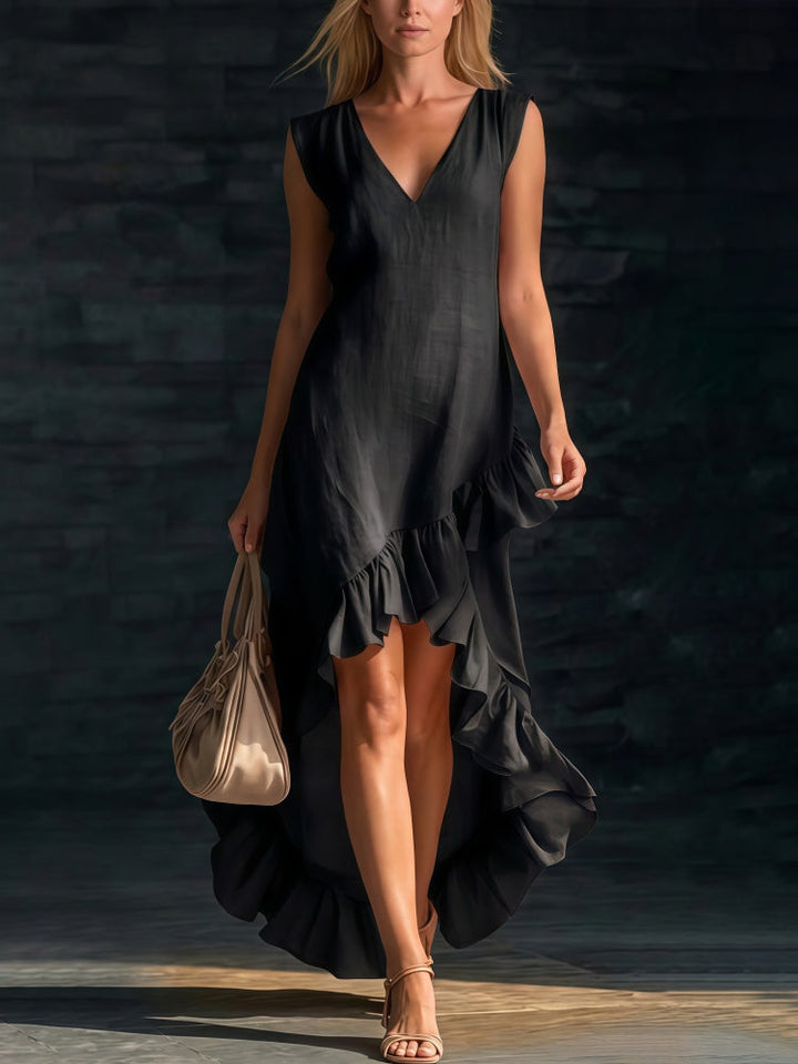 Maeriel | V-Neck Sleeveless High-Low Ruffle Hem Maxi Dress