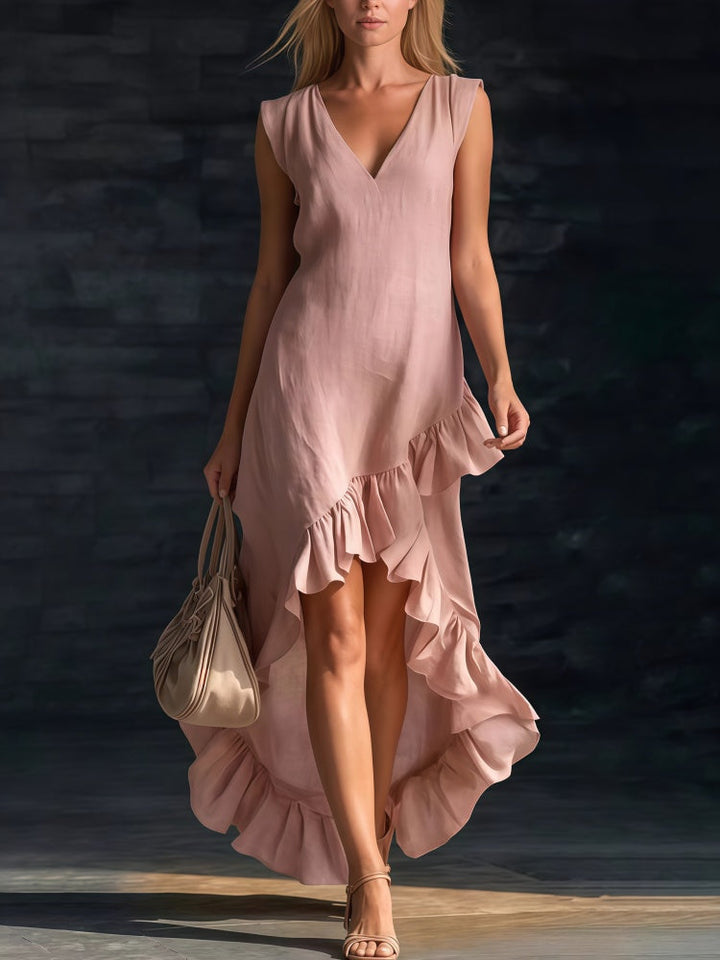 Maeriel | V-Neck Sleeveless High-Low Ruffle Hem Maxi Dress