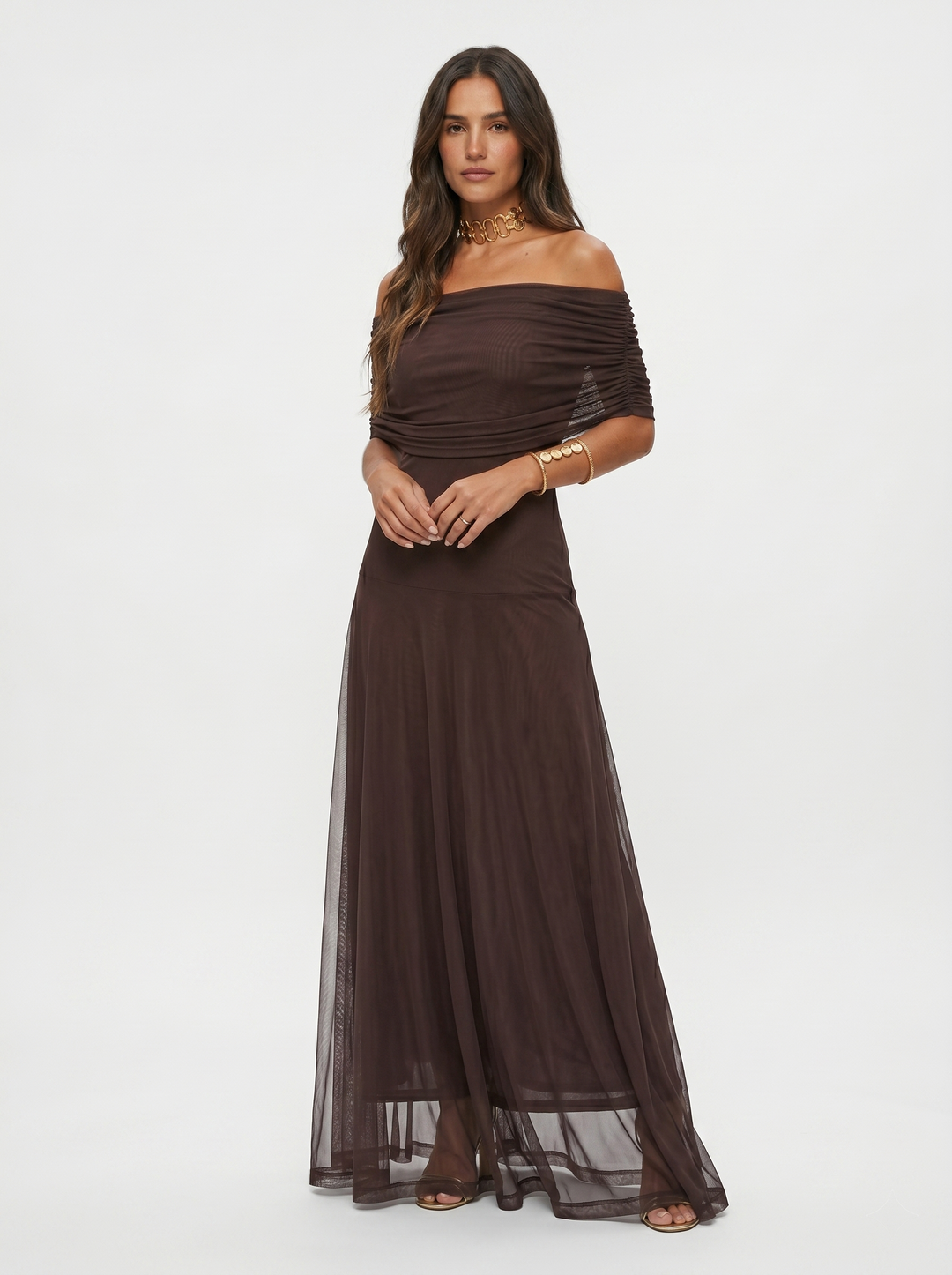 Off-Shoulder Draped Maxi Dress - Dark Brown