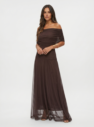 Off-Shoulder Draped Maxi Dress - Dark Brown