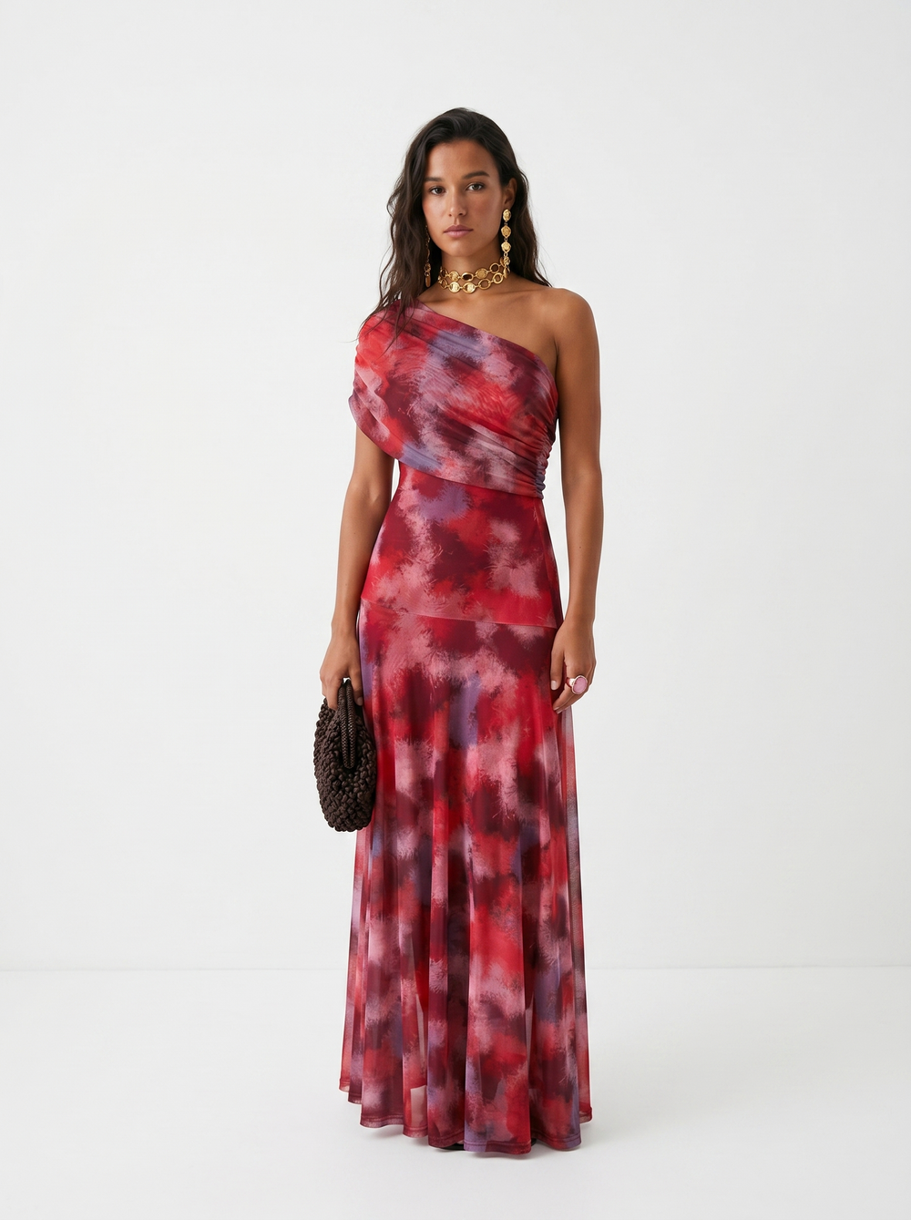 Off-Shoulder Draped Maxi Dress - Red