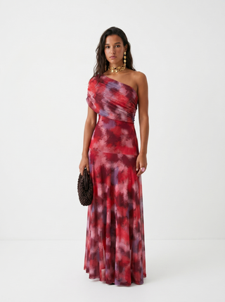 Off-Shoulder Draped Maxi Dress - Red