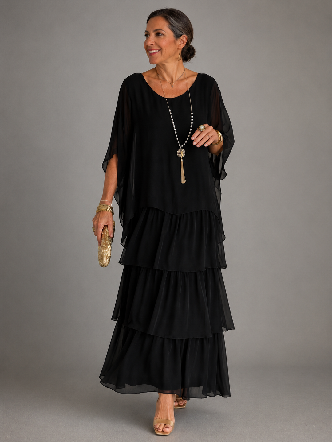 Elegant Flowing Layered Maxi Dress - Black