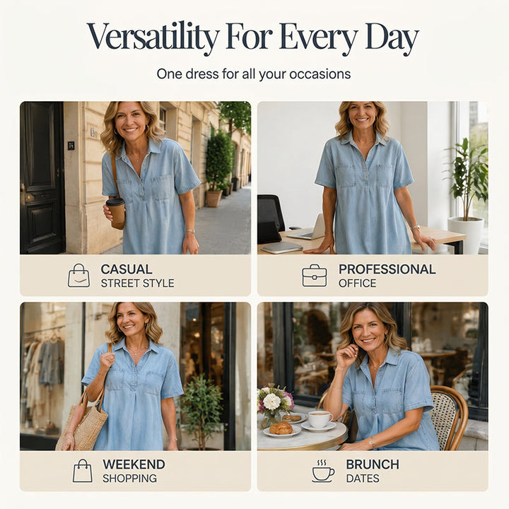 Casual Pocket Denim Midi Shirt Dress Buttons