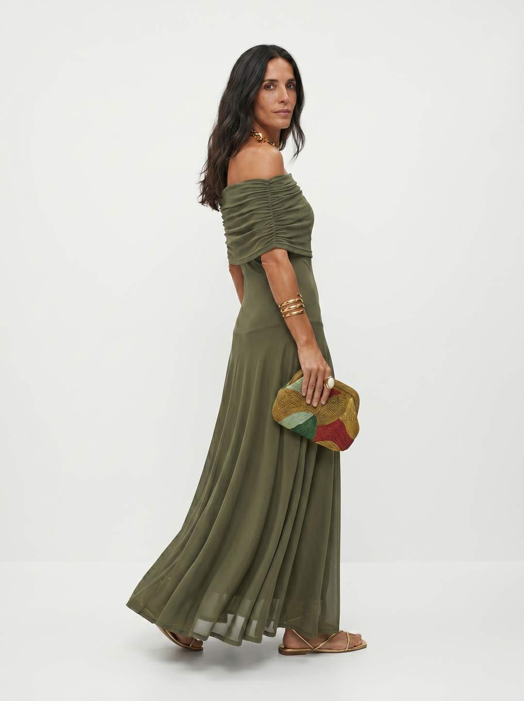 Off-Shoulder Draped Maxi Dress - waist