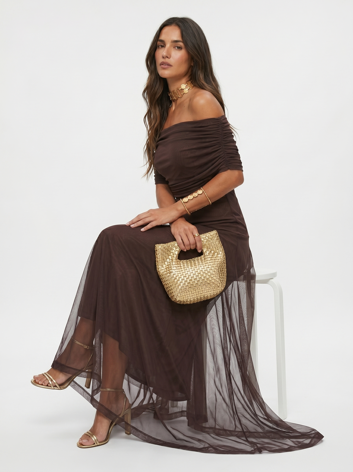 Off-Shoulder Draped Maxi Dress - Dark Brown detail