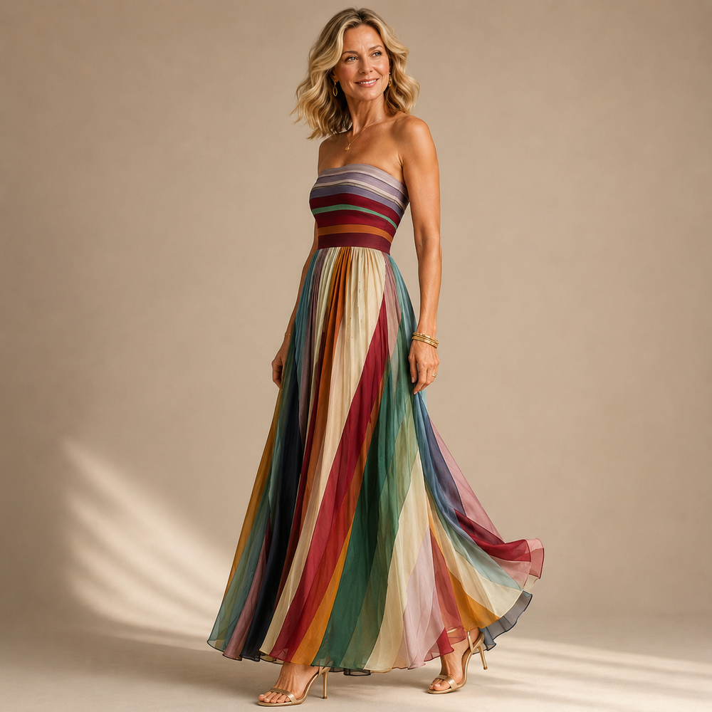 Judith strapless colorful pleated maxi dress