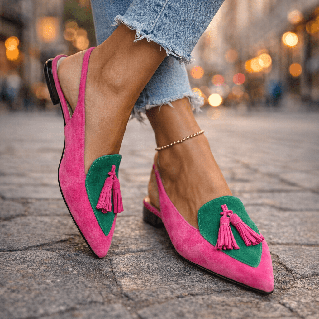Eliza strappy tassel sandals in Pink and Green