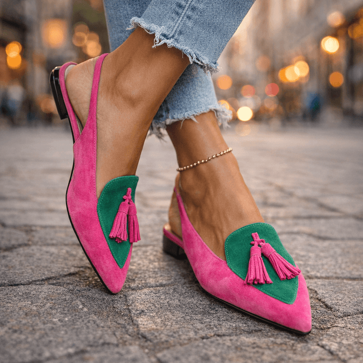 Eliza strappy tassel sandals in Pink and Green