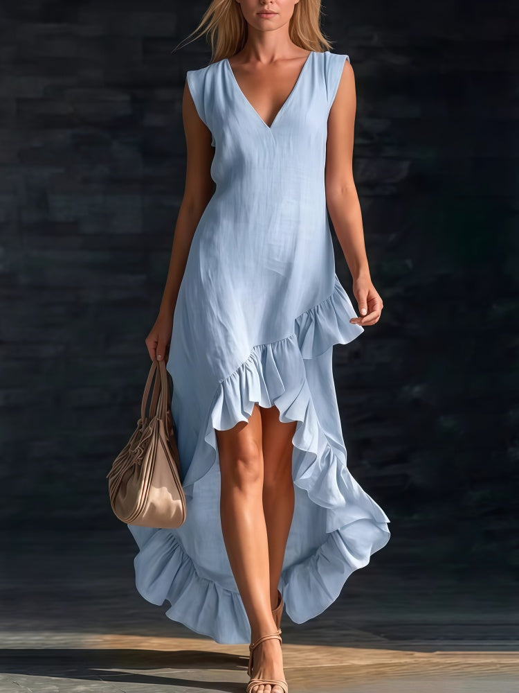 Maeriel | V-Neck Sleeveless High-Low Ruffle Hem Maxi Dress