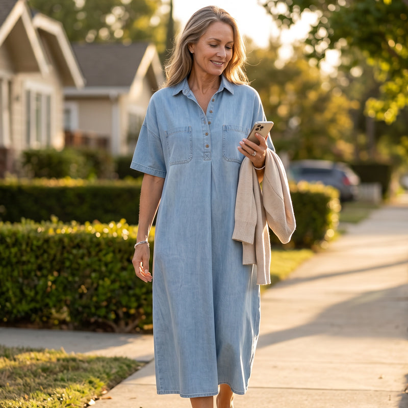 Casual Pocket Denim Midi Shirt Dress Back