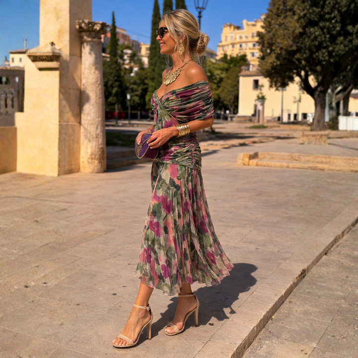 Lydia Off Shoulder Maxi Dress Green Pink