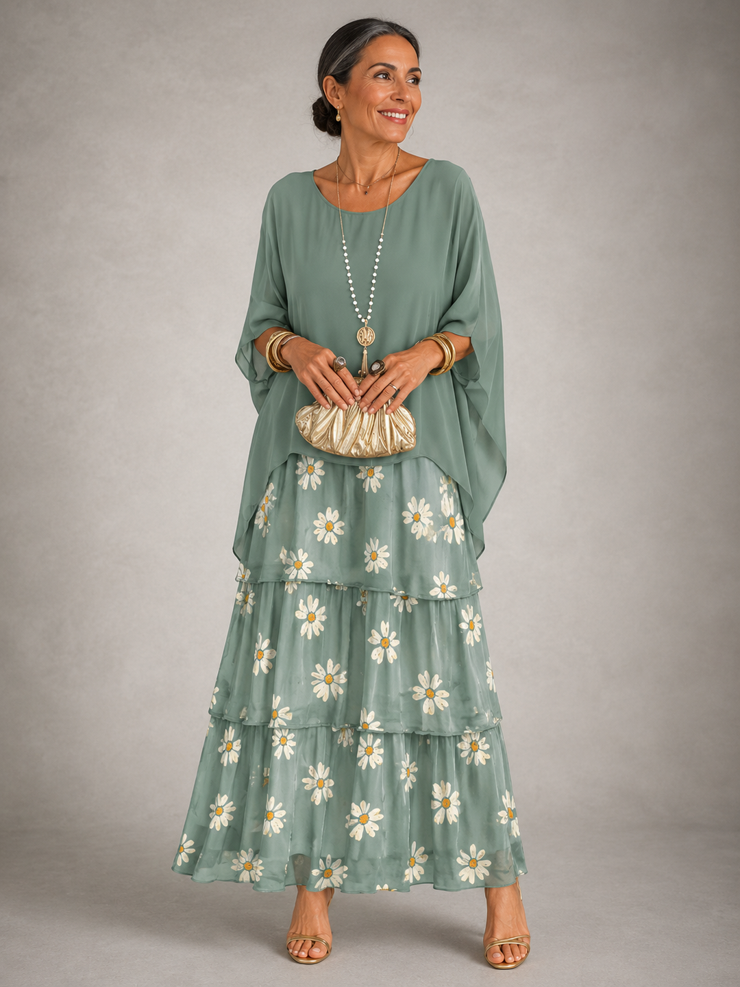 Elegant Flowing Layered Maxi Dress - Faded Green