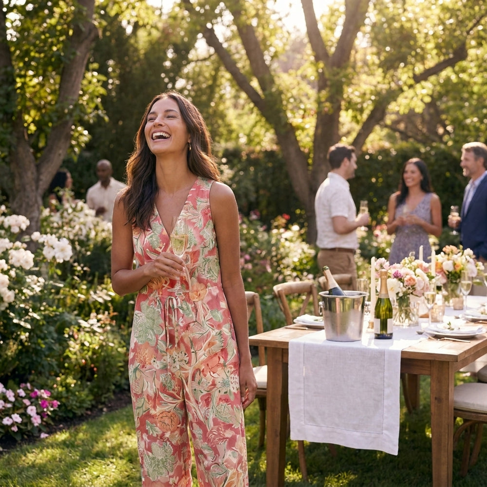The Bea dress at a garden party, golden afternoon light
