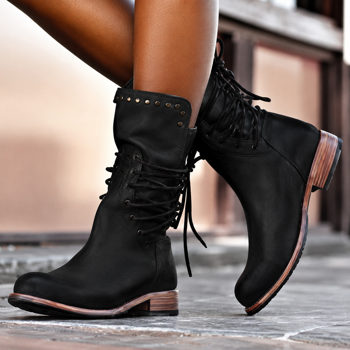 NOVIE | CROSS-TIED BIKER ANKLE BOOTS