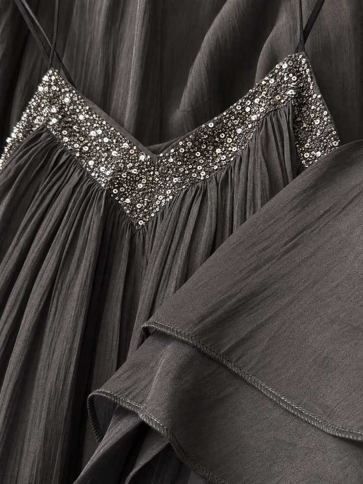 Women's Casual Dark Grey Woven V-neck Maxi Dress Featuring Sequined Camisole-style Splicing MDZ2635F6LXY