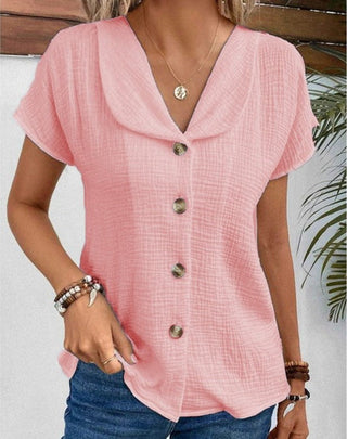 Anthousa | button-up top | soft blue | front view