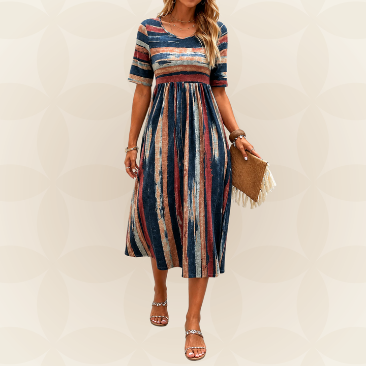 Noele - Midi Dress with Tummy-Camouflaging Stripes
