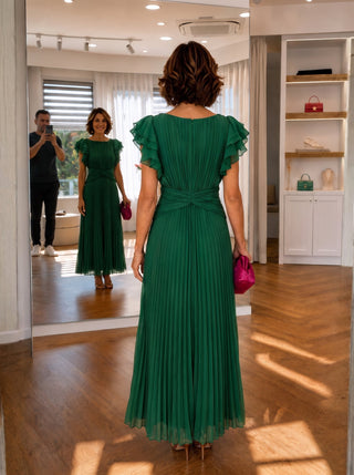 NEILA | PLEATED FLUTTER-SLEEVE MAXI DRESS