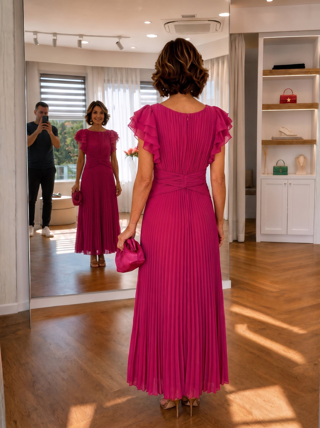 NEILA | PLEATED FLUTTER-SLEEVE MAXI DRESS