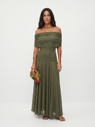 Off-Shoulder Draped Maxi Dress - Olive Green