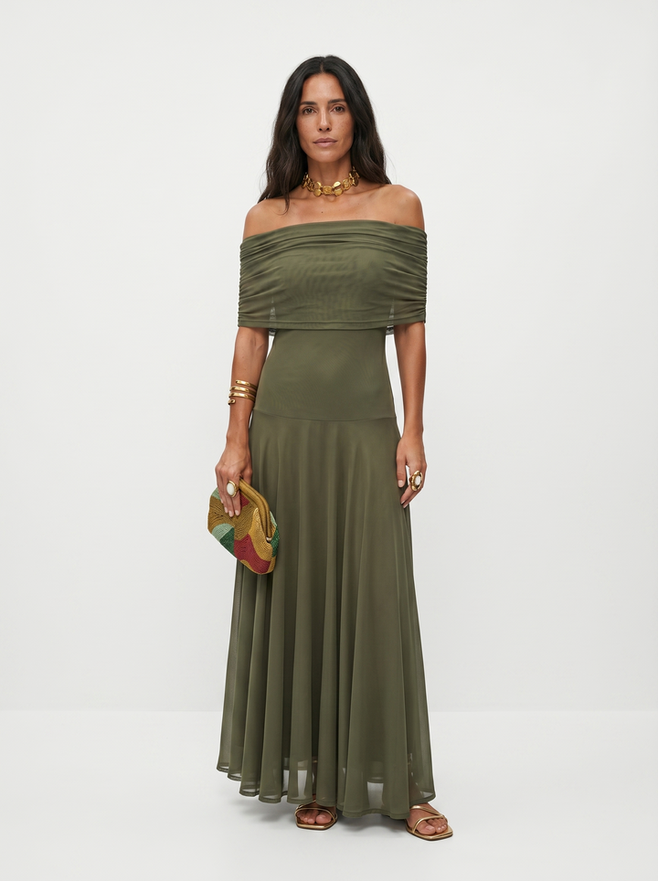Off-Shoulder Draped Maxi Dress - Olive Green