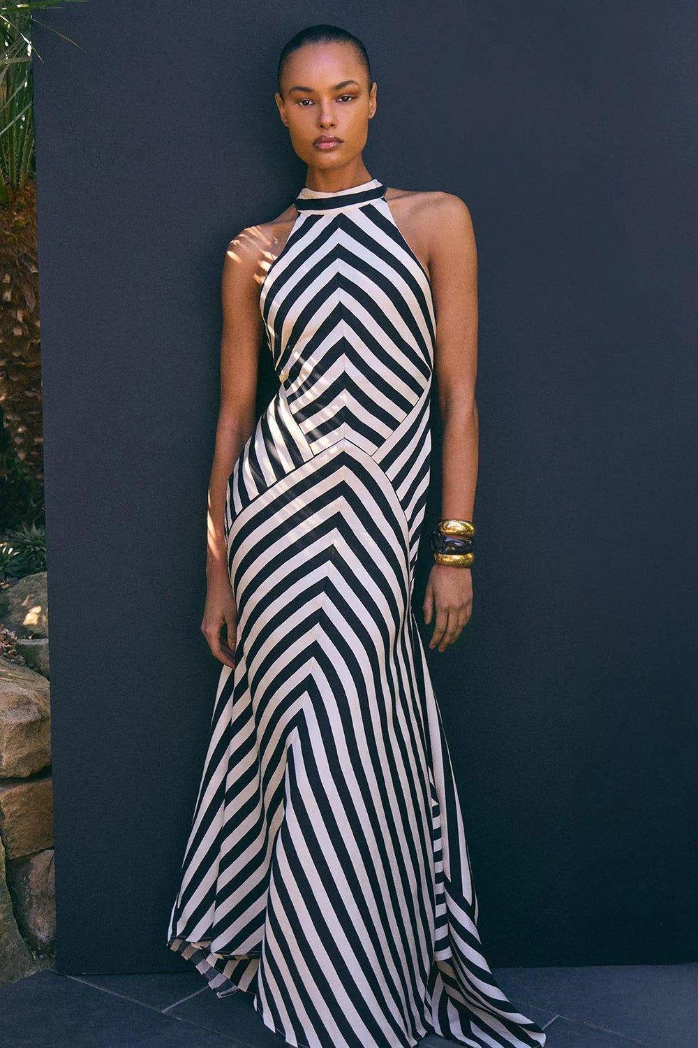 Mono fluid stripe maxi halter dress in Mono Fluid Stripe
