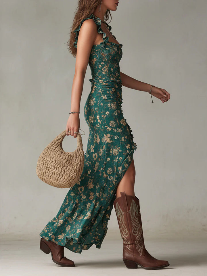 Bohemian Green Printed Maxi Dress - detail