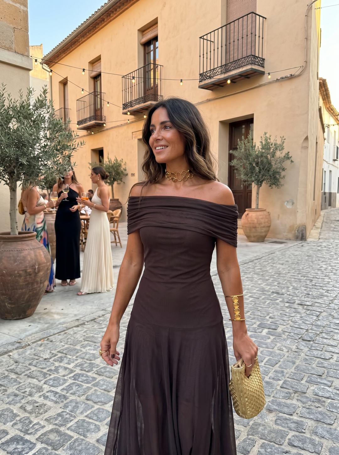 Off-Shoulder Draped Maxi Dress - Dark Brown side